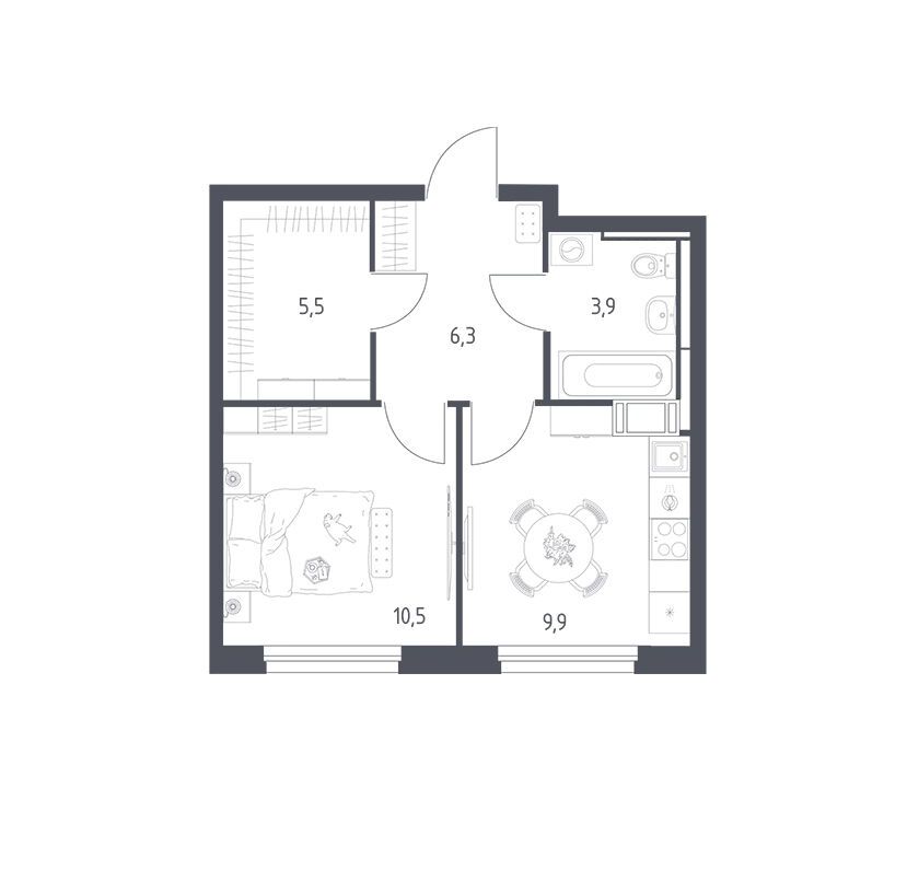 Планировка: 1-комн. квартира 35.40 м² в новостройке Мытищи Парк
