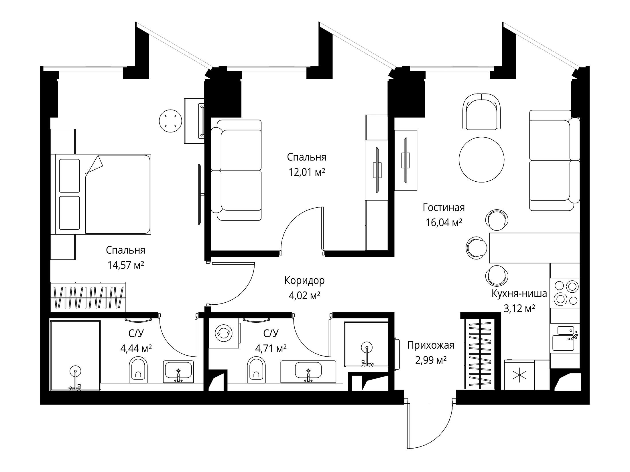 Планировка: 2-комн. квартира 62.20 м² в новостройке ЖК Феймос