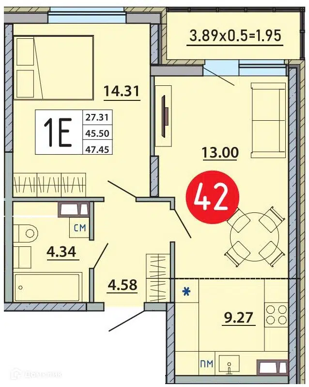 Планировка: 1-комн. квартира 47.45 м² в новостройке ЖК Любимый дом Адыгейск