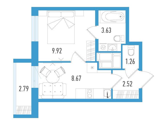 Планировка: 1-комн. квартира 26.84 м² в новостройке Южный форт