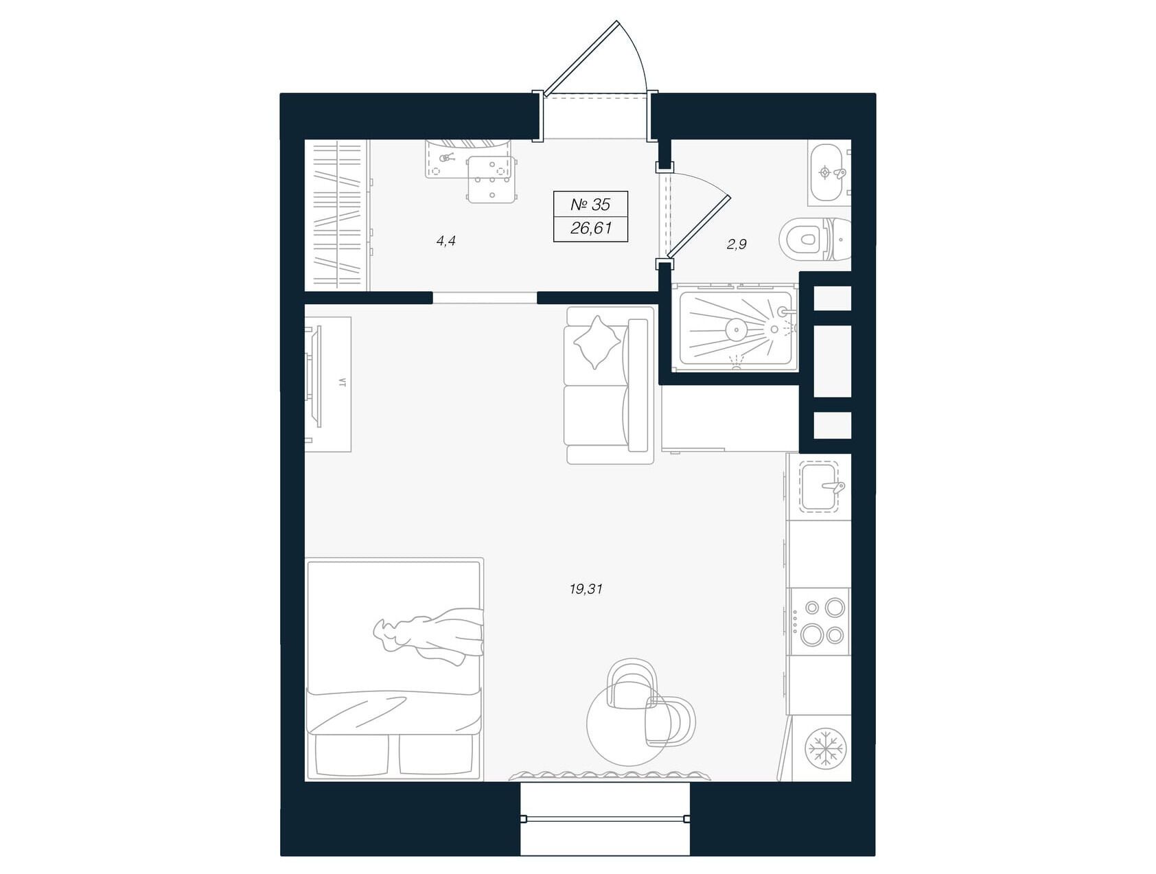 Планировка: Студия 26.61 м² в новостройке Феникс Рощино