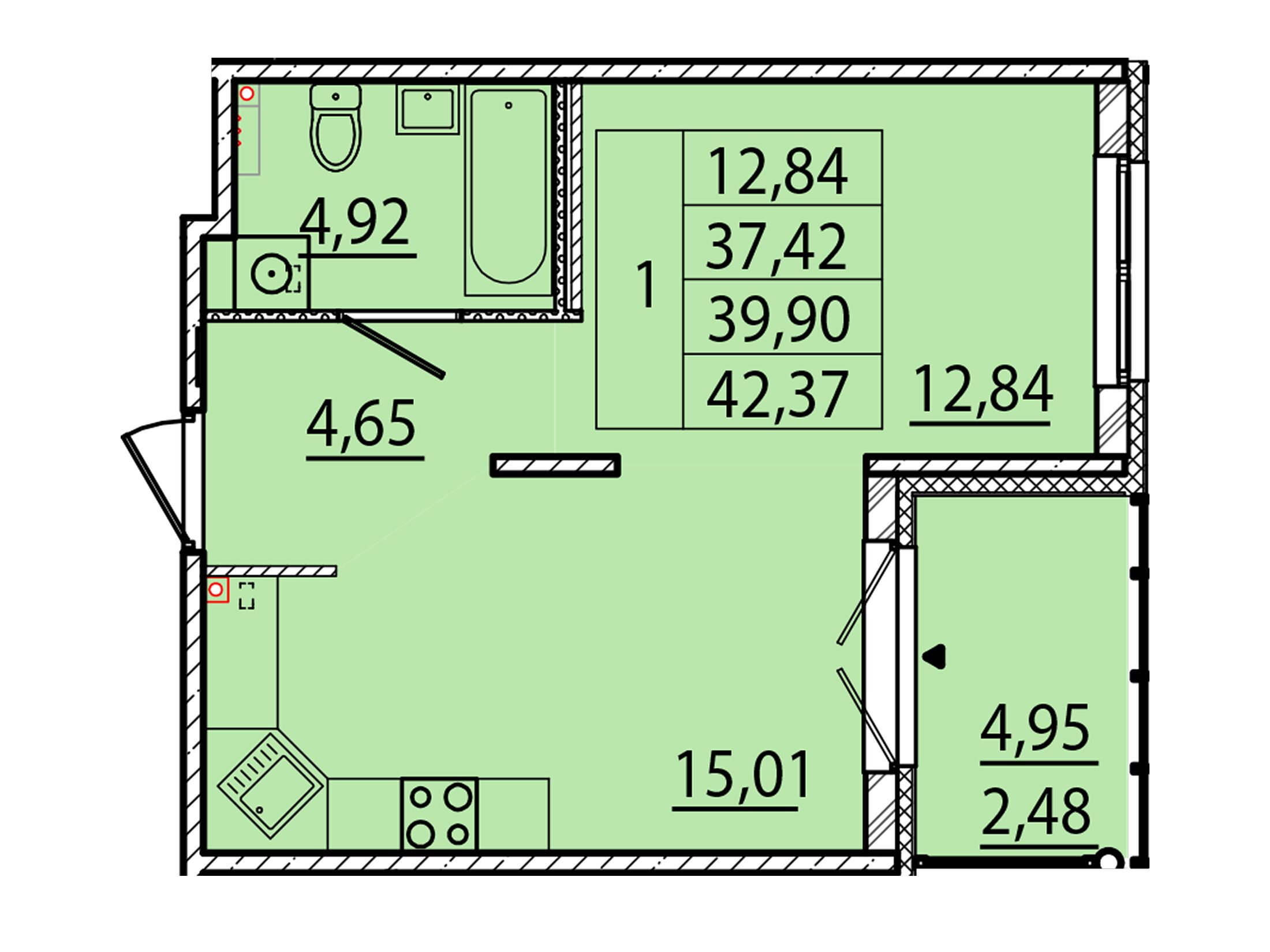 Планировка: 1-комн. квартира 37.42 м² в новостройке Образцовый квартал 15