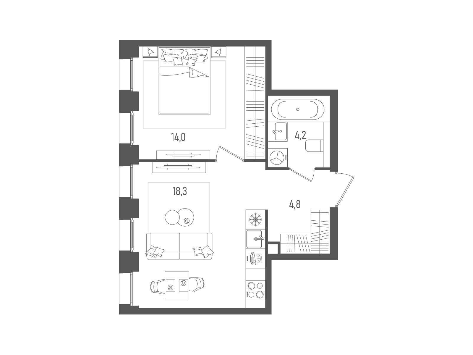 Планировка: 1-комн. квартира 41.30 м² в новостройке Пейв