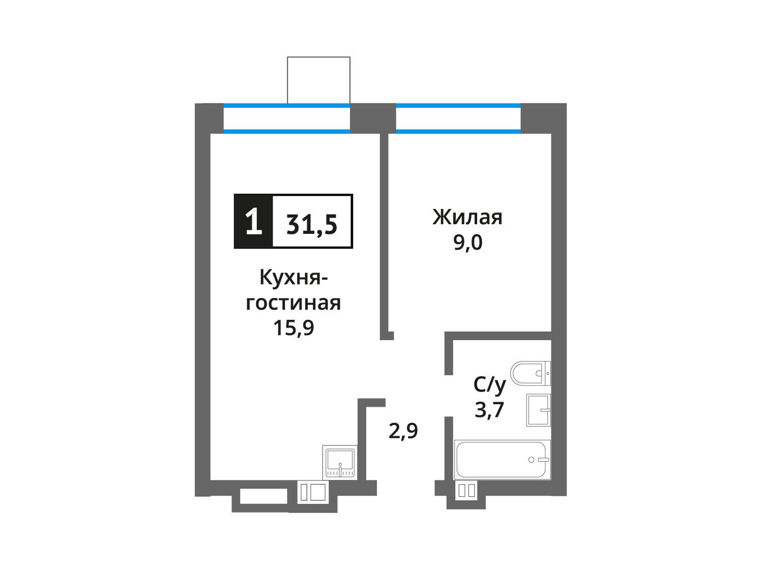 Планировка: 1-комн. квартира 31.50 м² в новостройке Никольский квартал Отрада