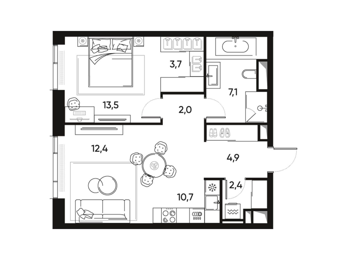 Планировка: 2-комн. квартира 56.70 м² в новостройке Прайд