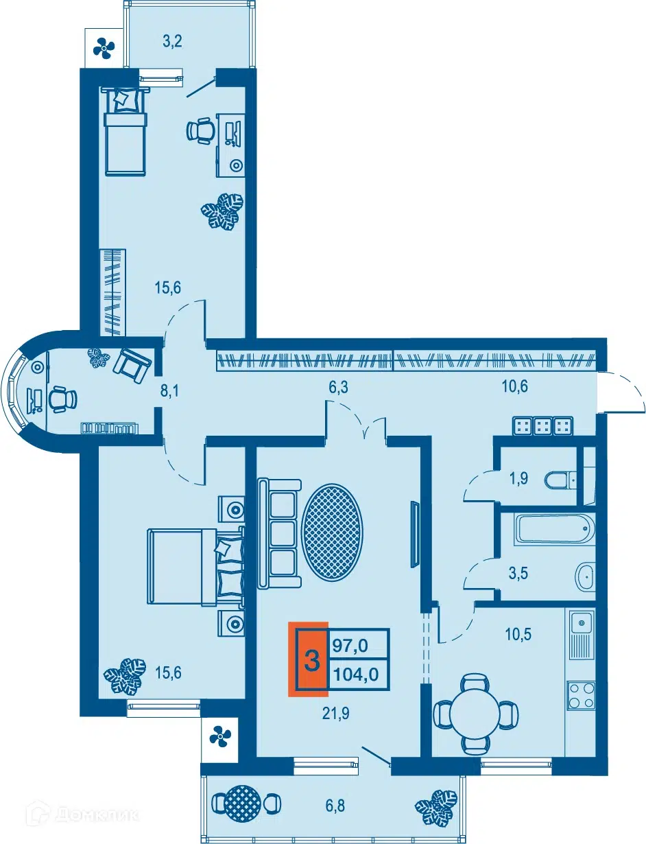 Планировка: 3-комн. квартира 97.00 м² в новостройке Дом у озера