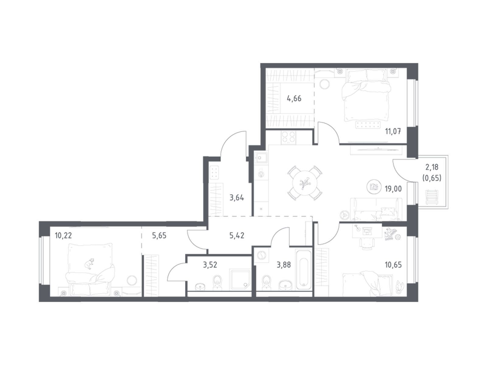 Планировка: 3-комн. квартира 78.36 м² в новостройке Большое Юрлово