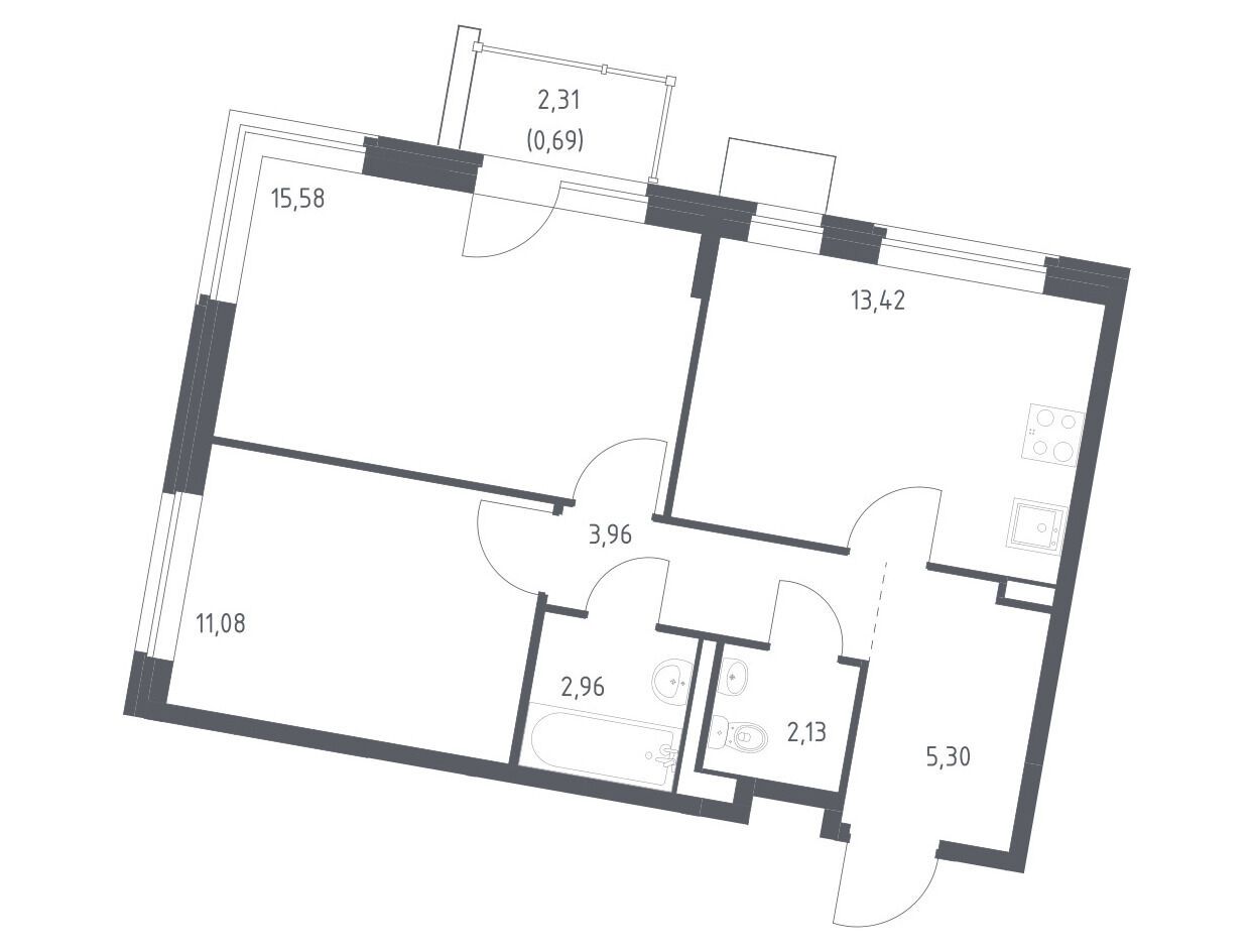 Планировка: 2-комн. квартира 55.12 м² в новостройке ЖК Квартал Западный