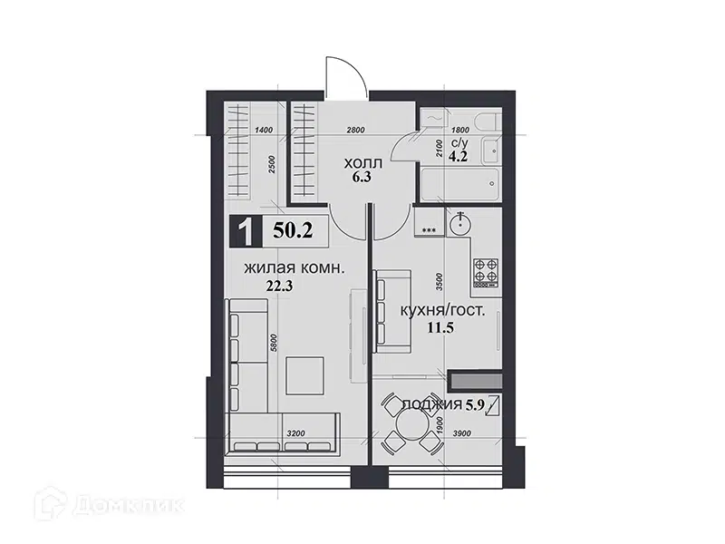 Планировка: 1-комн. квартира 50.20 м² в новостройке Надежда