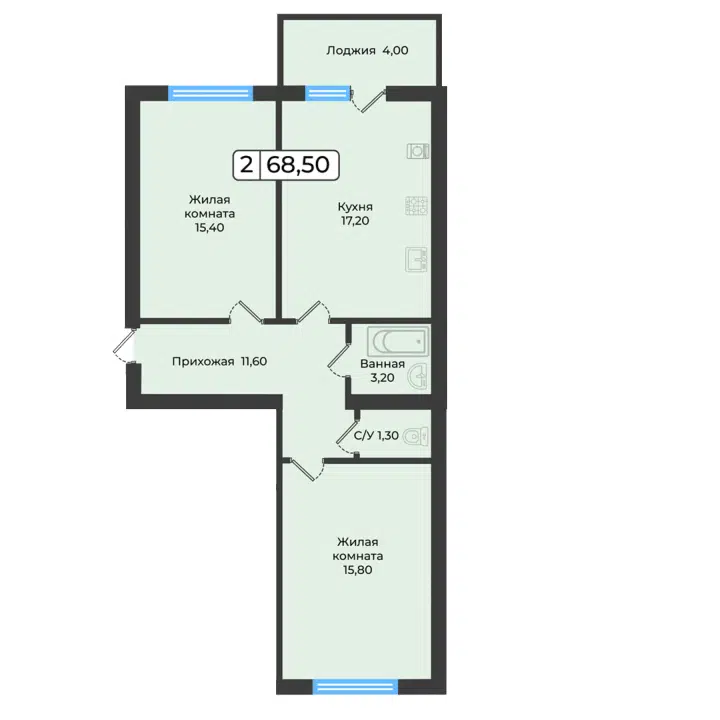 Планировка: 2-комн. квартира 68.50 м² в новостройке Европейский 5
