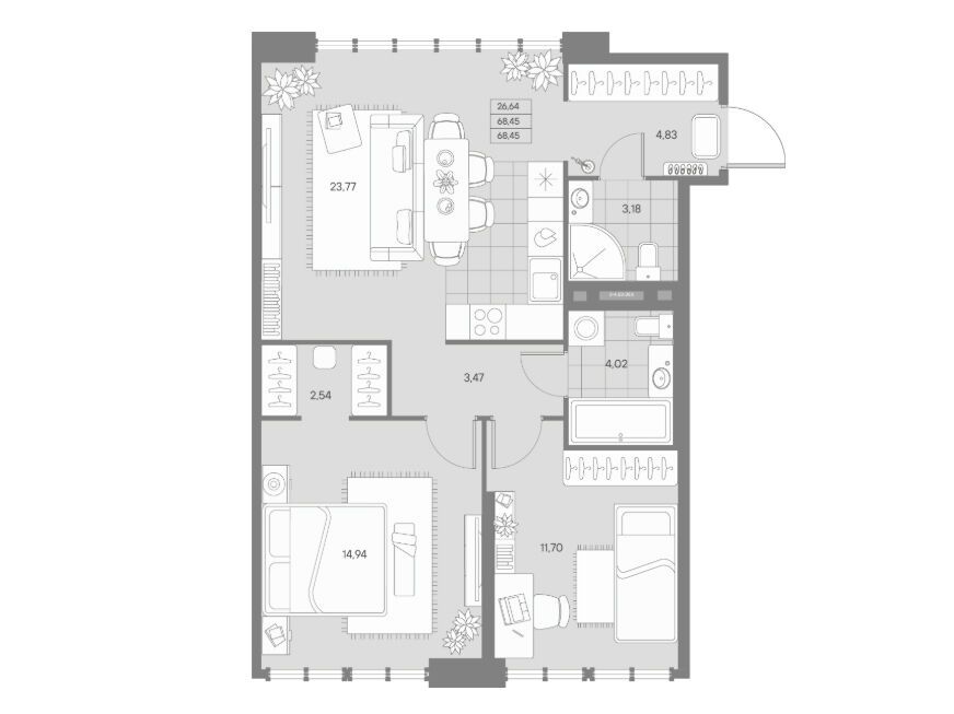 Планировка: 2-комн. квартира 68.45 м² в новостройке Авант