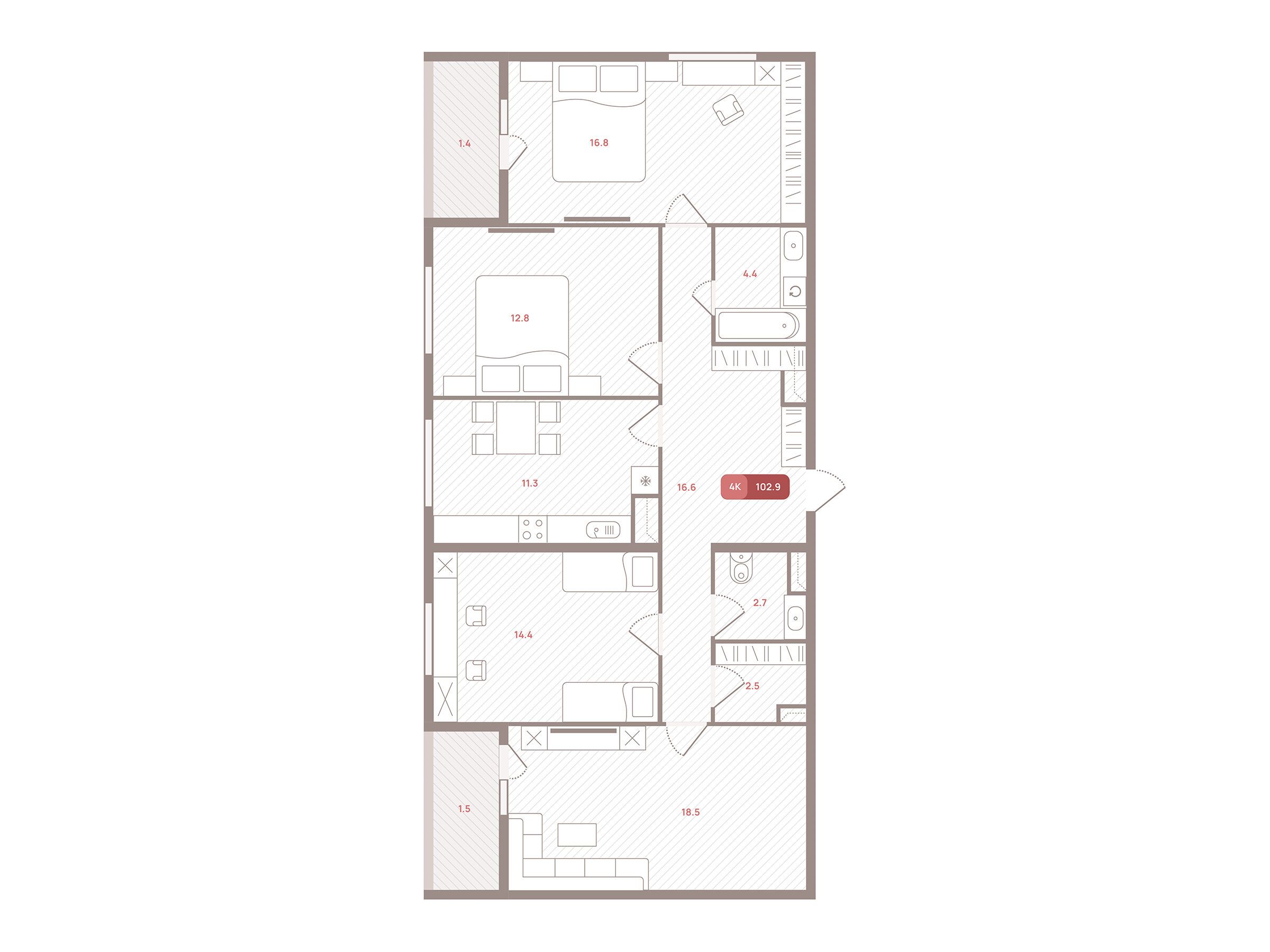 Планировка: 4-комн. квартира 102.90 м² в новостройке Ом