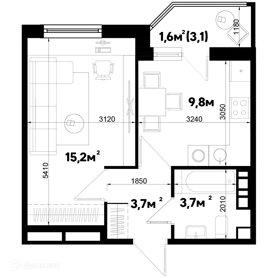 Планировка: 1-комн. квартира 34.00 м² в новостройке Спортивная деревня