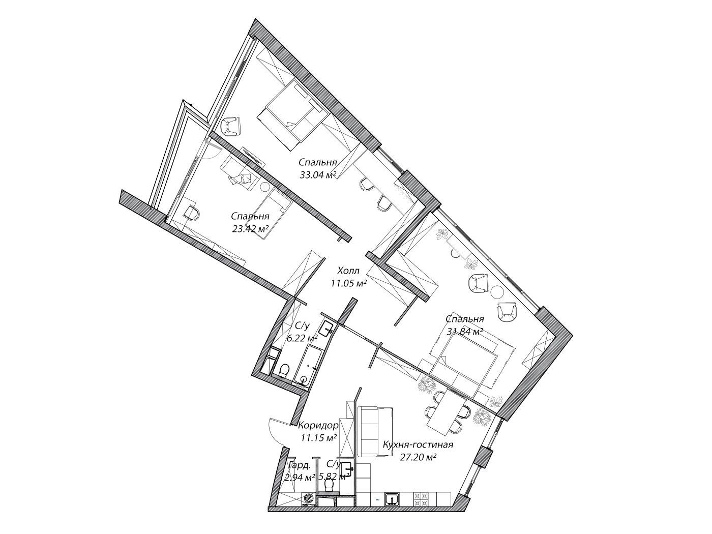 Планировка: 4-комн. квартира 149.10 м² в новостройке Рублево