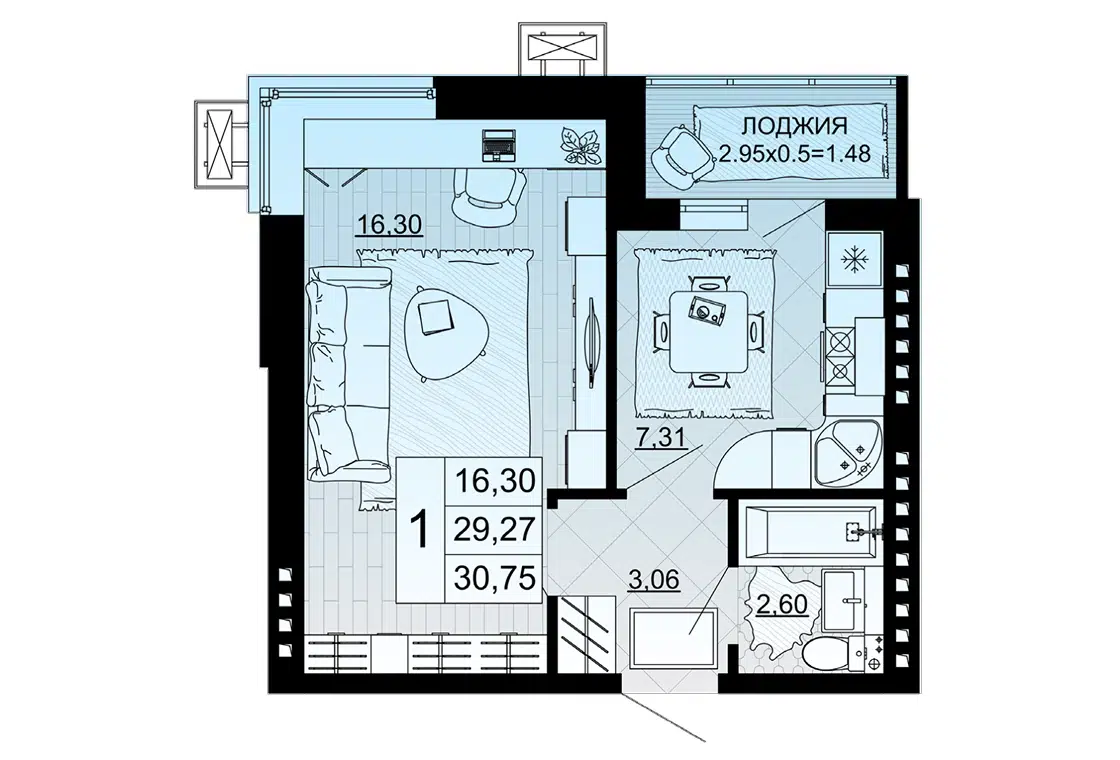 Планировка: 1-комн. квартира 30.75 м² в новостройке Парковый