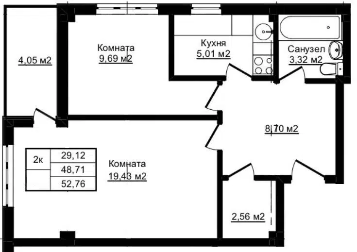 Планировка: 2-комн. квартира 52.76 м² в новостройке Южный парк