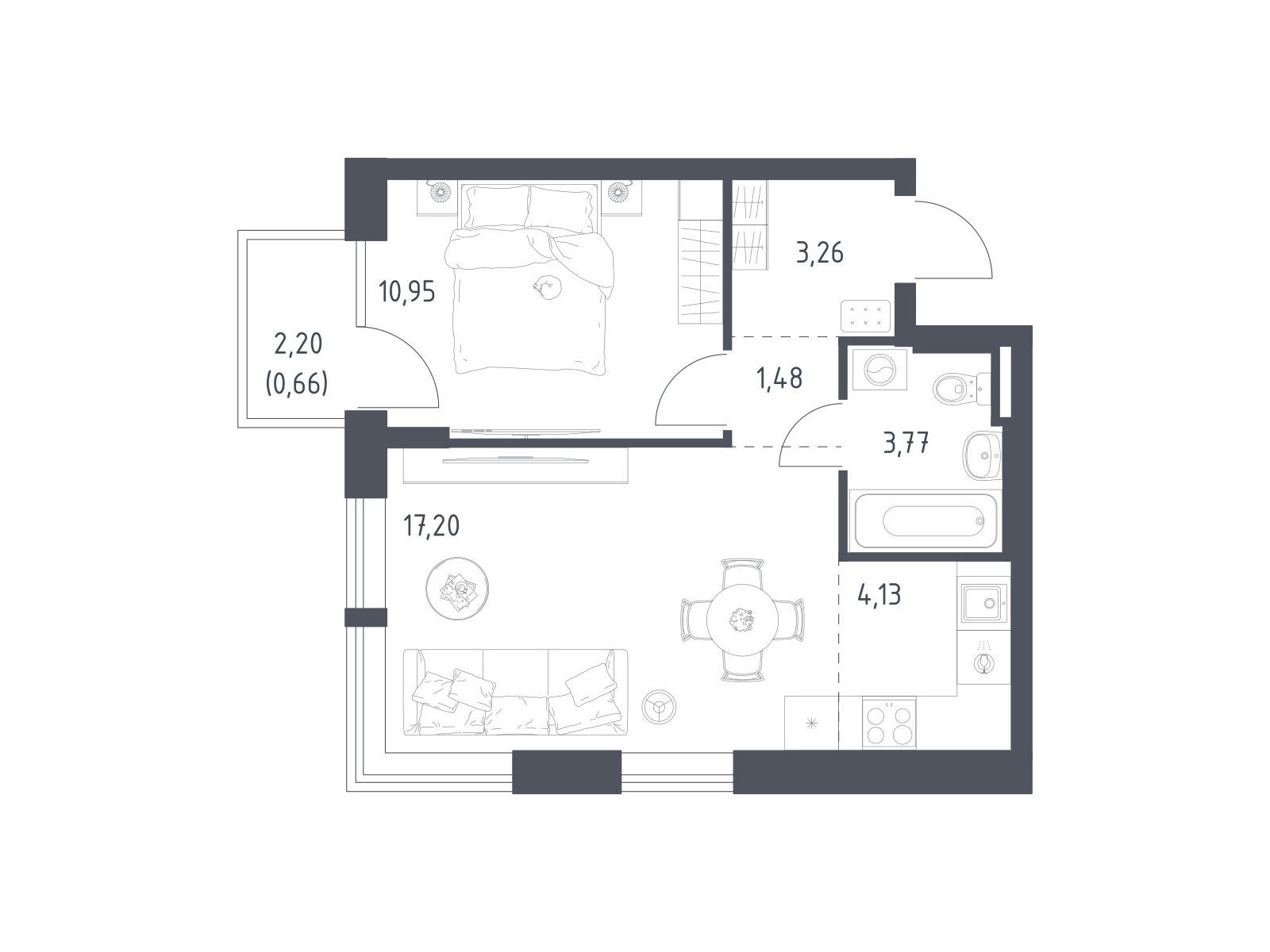 Планировка: 1-комн. квартира 41.45 м² в новостройке Квартал Авиаторов