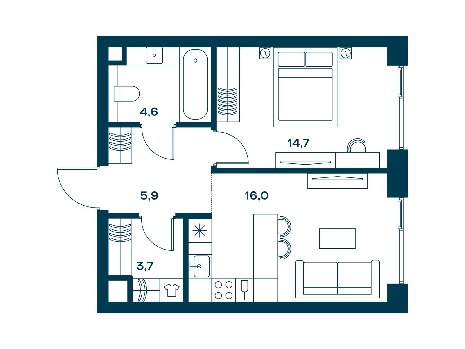 Планировка: 1-комн. квартира 44.90 м² в новостройке Соул