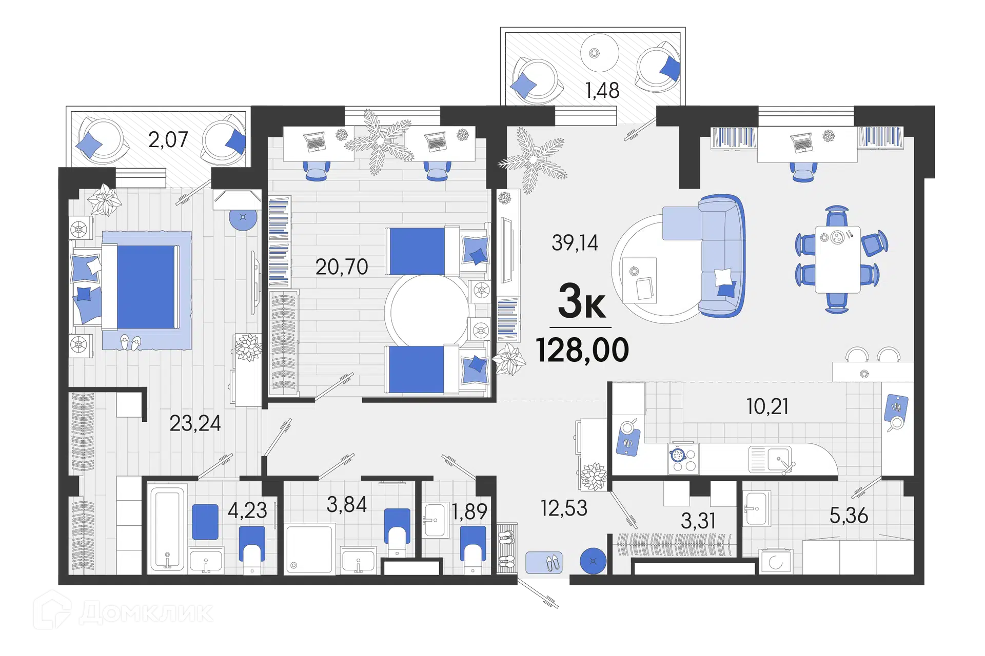 Планировка: 3-комн. квартира 128.89 м² в новостройке Белые Росы