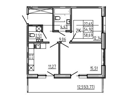 Планировка: 2-комн. квартира 58.69 м² в новостройке Берег. Курортный