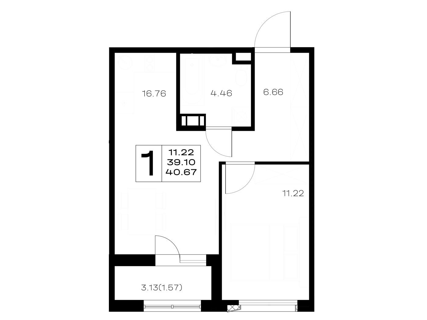 Планировка: 1-комн. квартира 40.67 м² в новостройке Борский