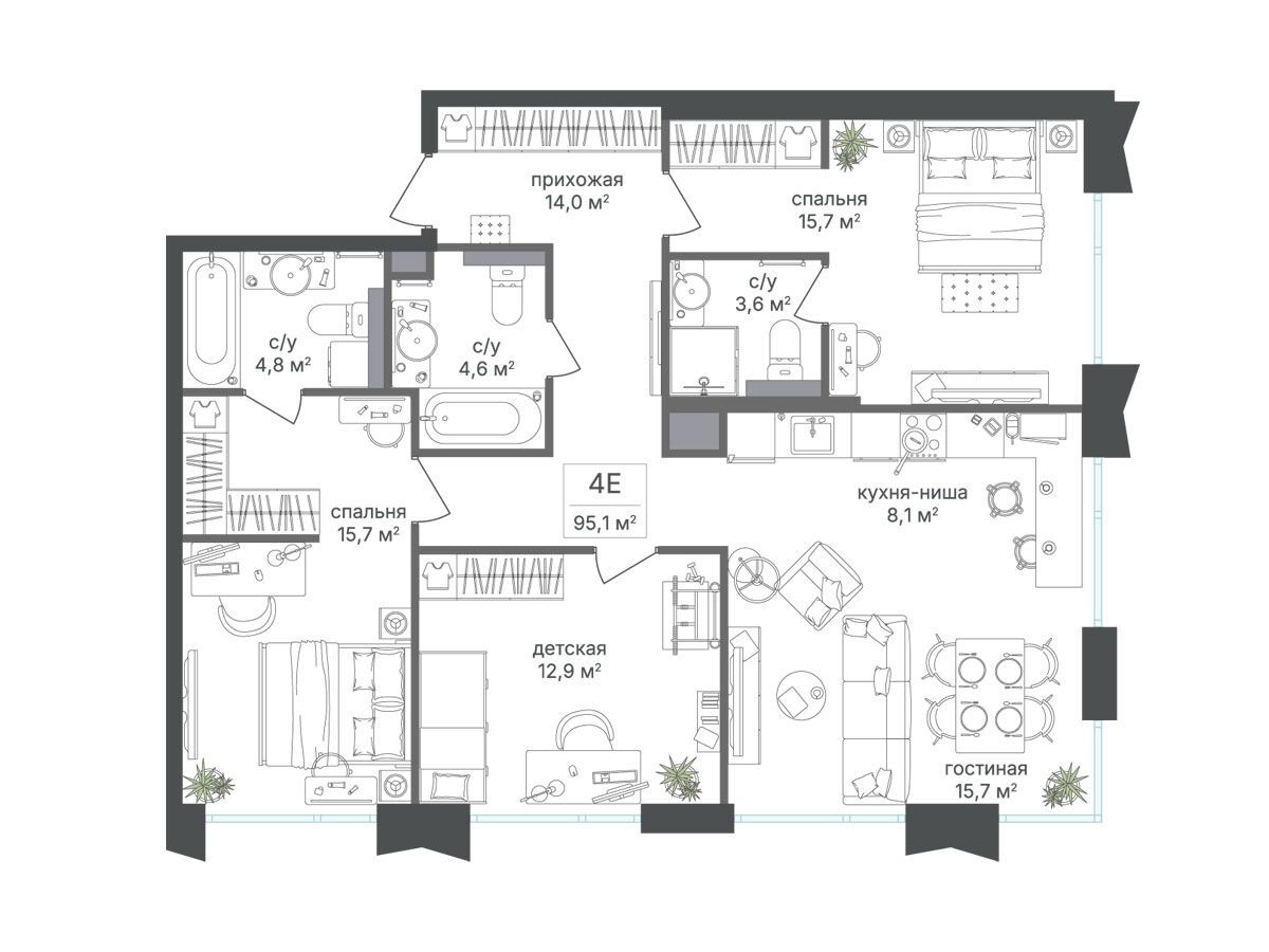Планировка: 3-комн. квартира 95.10 м² в новостройке Петровский парк II
