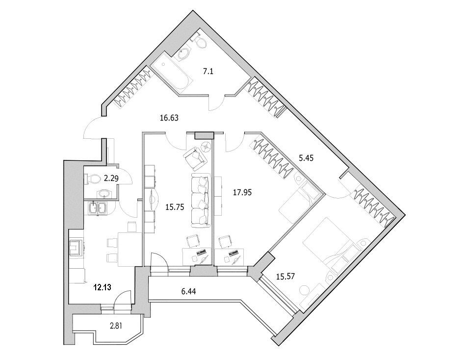 Планировка: 3-комн. квартира 103.30 м² в новостройке Байрон