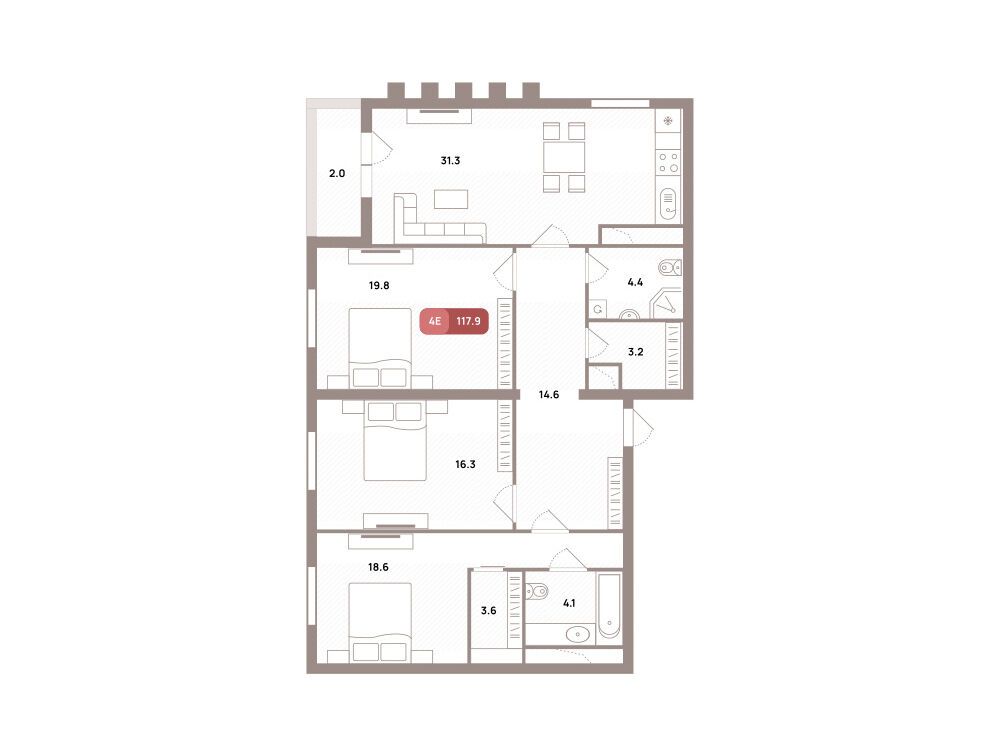 Планировка: 4-комн. квартира 117.90 м² в новостройке ЖК Проспект 39