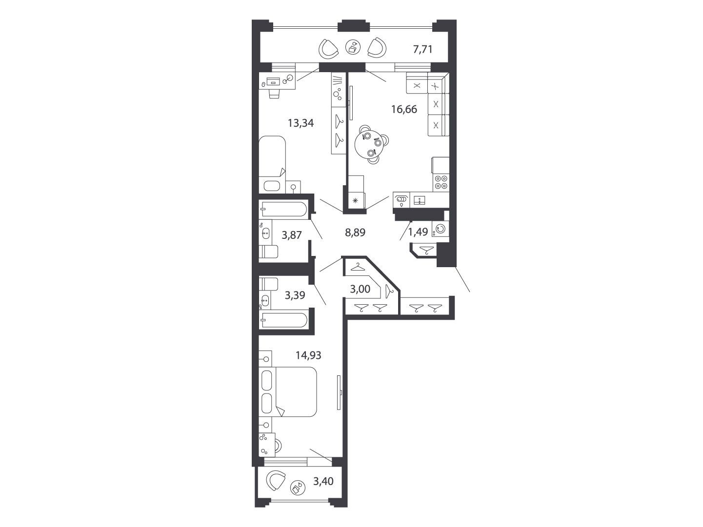 Планировка: 2-комн. квартира 71.13 м² в новостройке Шепилевский