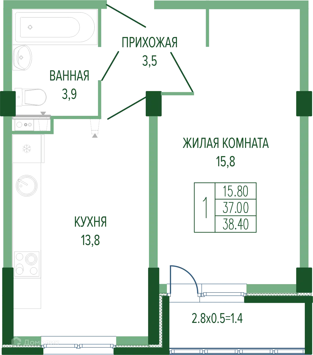 Планировка: 1-комн. квартира 39.25 м² в новостройке Екатерининский парк