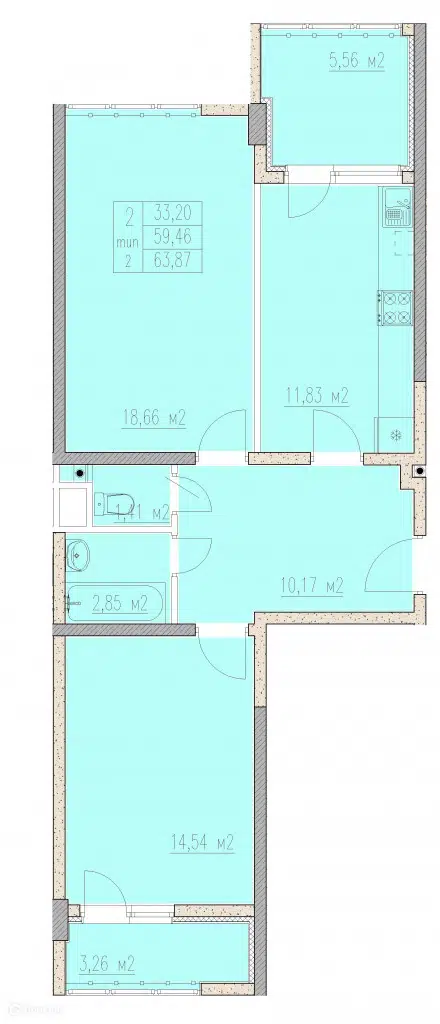Планировка: 2-комн. квартира 63.87 м² в новостройке Агой-парк