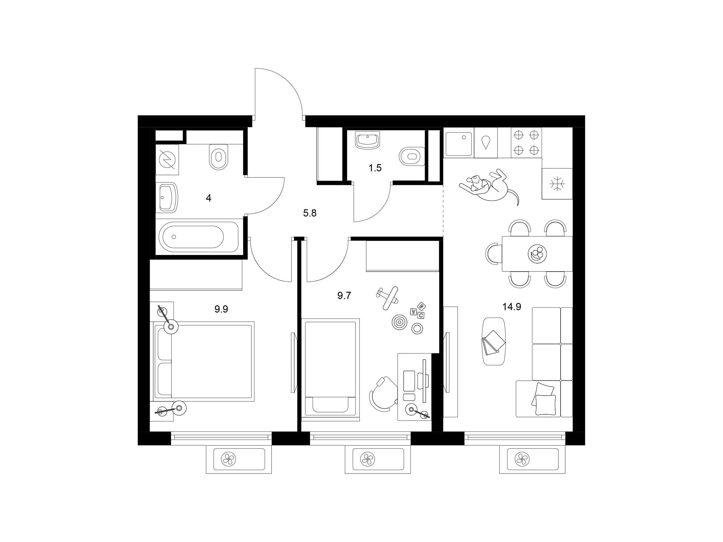Планировка: 2-комн. квартира 45.80 м² в новостройке ЖК Белая Дача парк