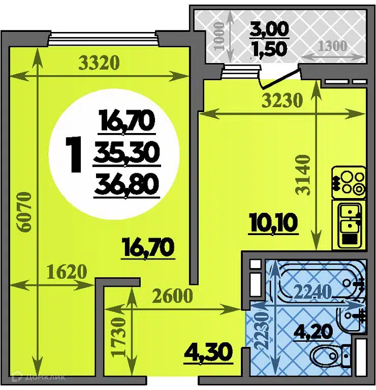 Планировка: 1-комн. квартира 36.80 м² в новостройке Парк у дома