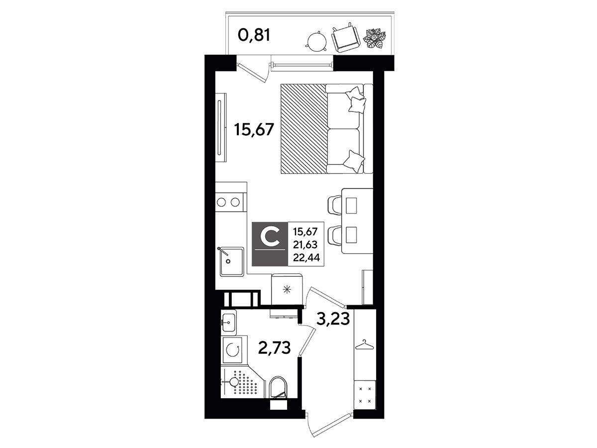 Планировка: Студия 22.44 м² в новостройке Догма Юкки
