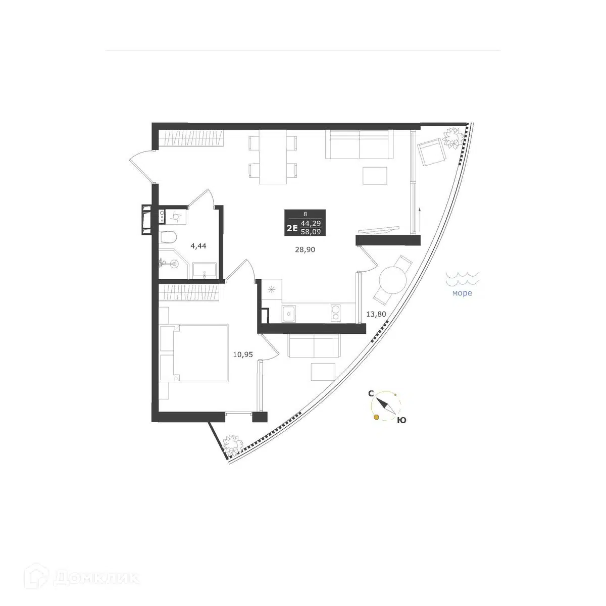 Планировка: 2-комн. квартира 58.09 м² в новостройке Апарт-комплекс Паруса мечты