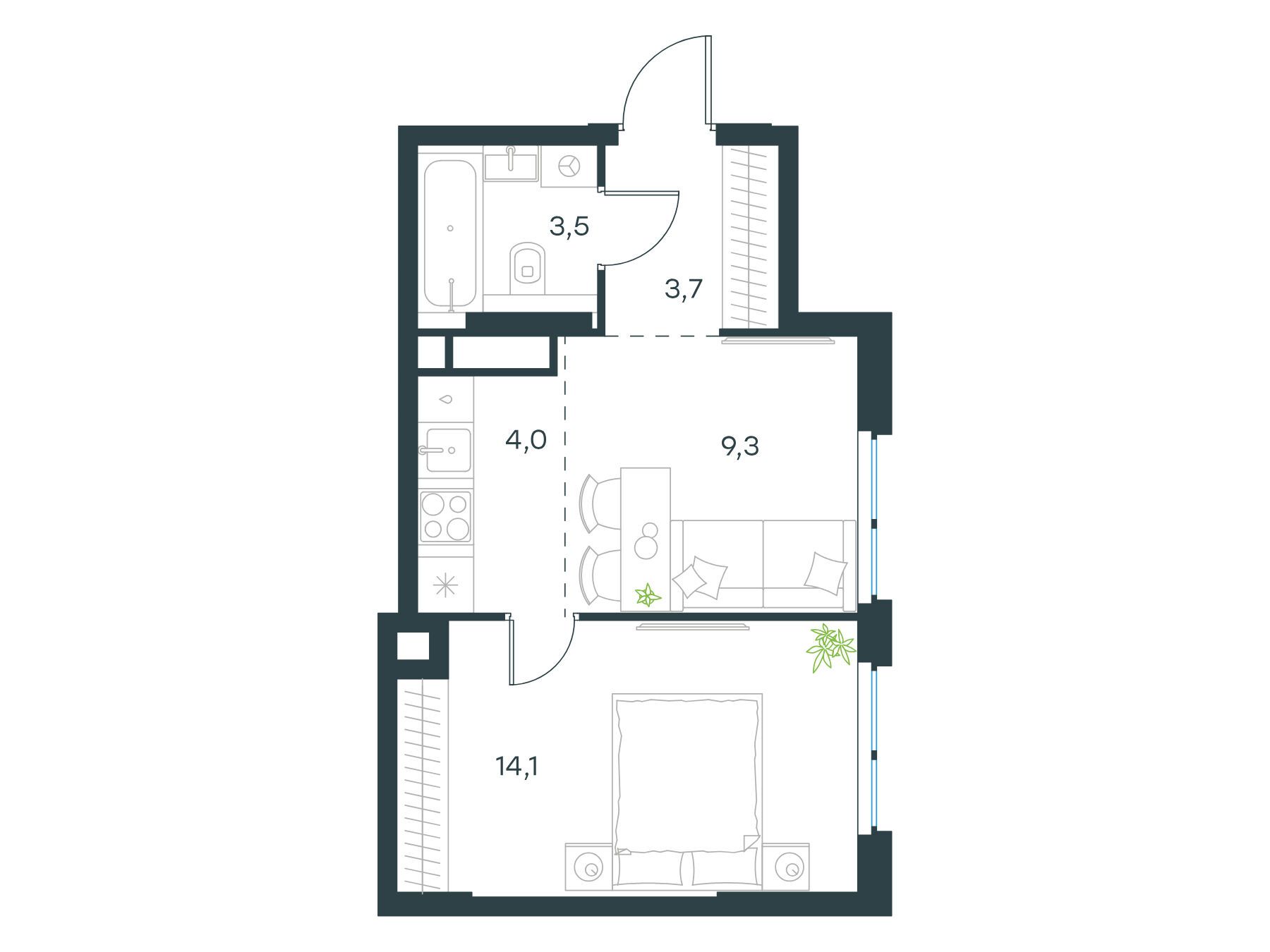 Планировка: 2-комн. квартира 34.60 м² в новостройке Левел Мичуринский