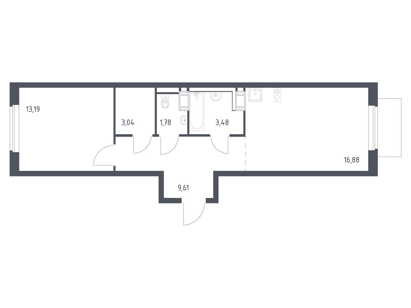 Планировка: 1-комн. квартира 47.98 м² в новостройке Квартал Торики