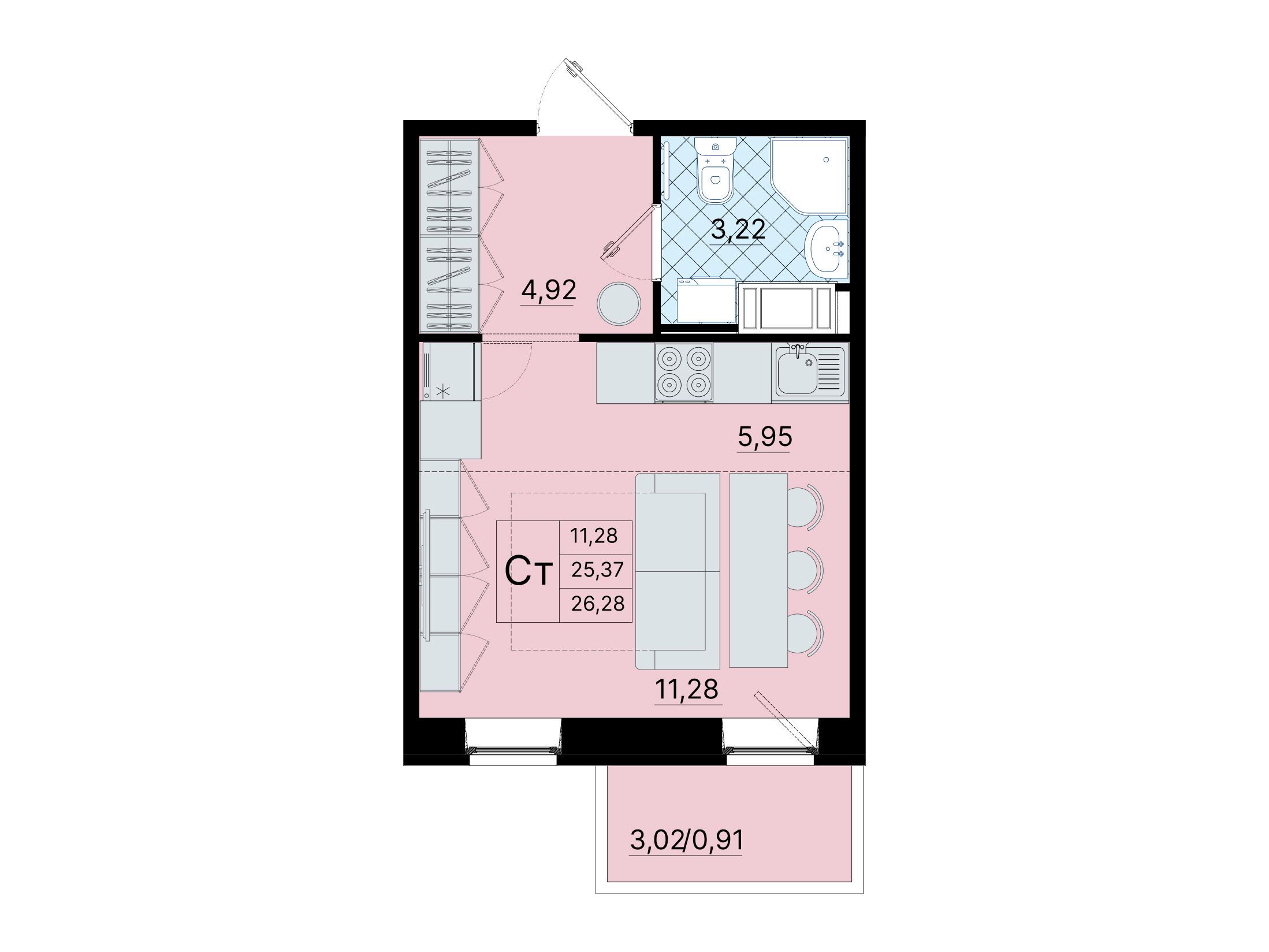 Планировка: Студия 26.30 м² в новостройке Северный меридиан