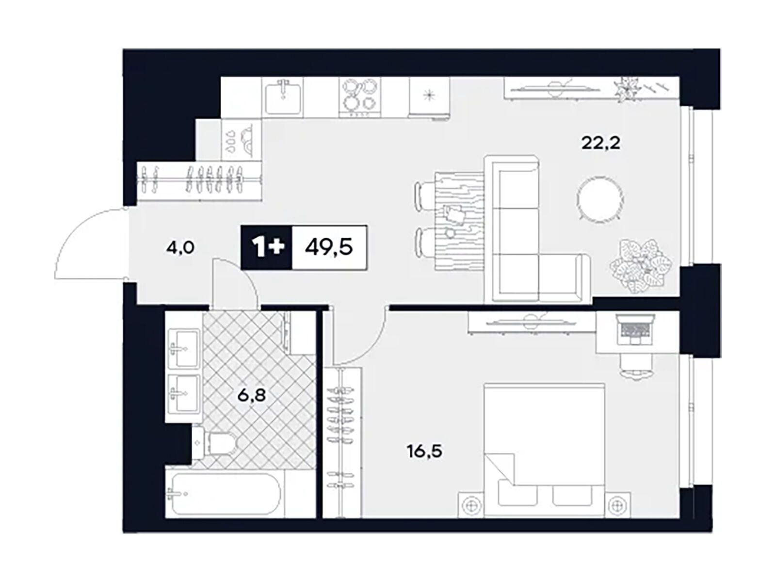Планировка: 1-комн. квартира 49.50 м² в новостройке ЖК Юту