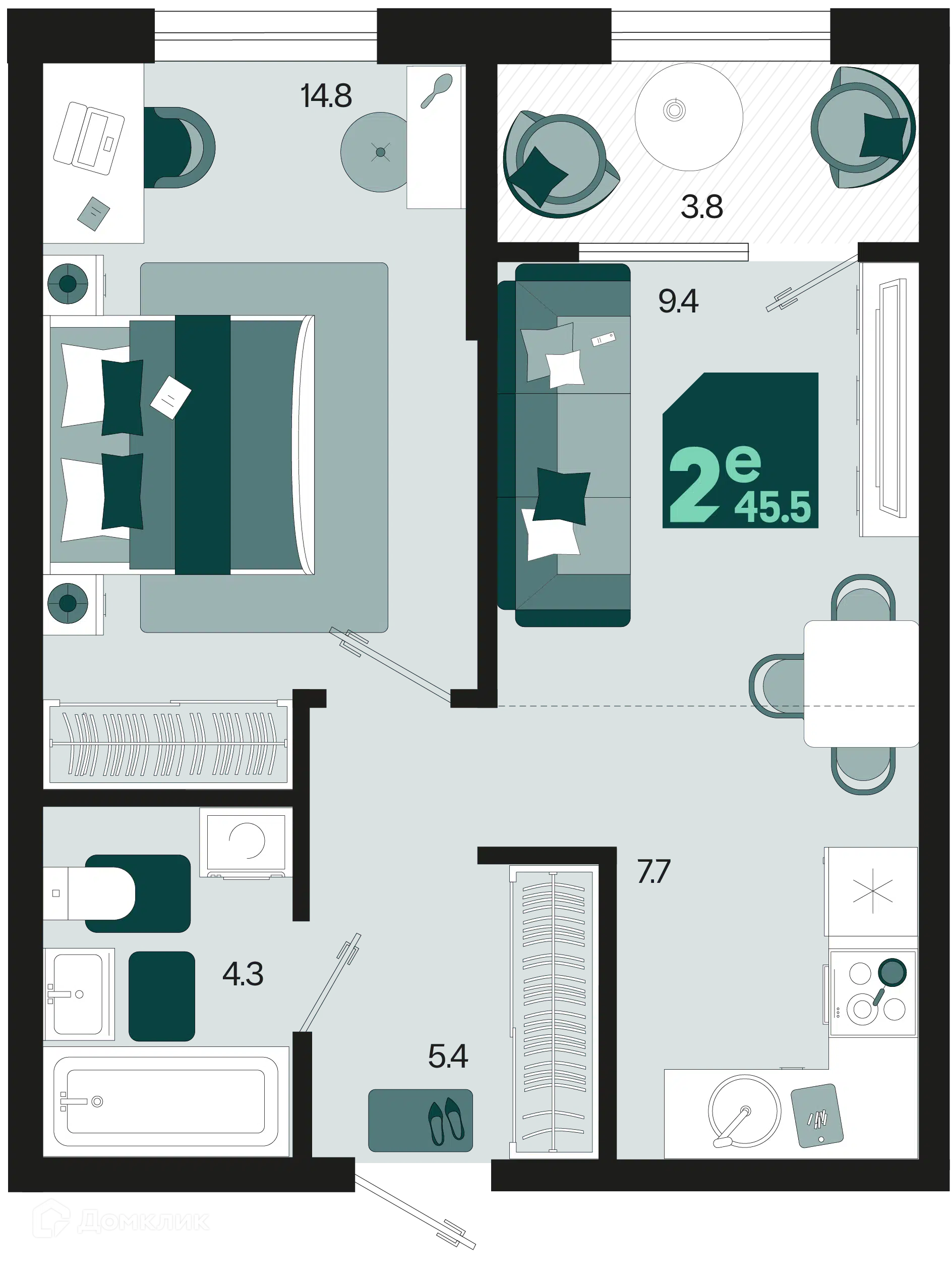 Планировка: 2-комн. квартира 45.50 м² в новостройке Первое место