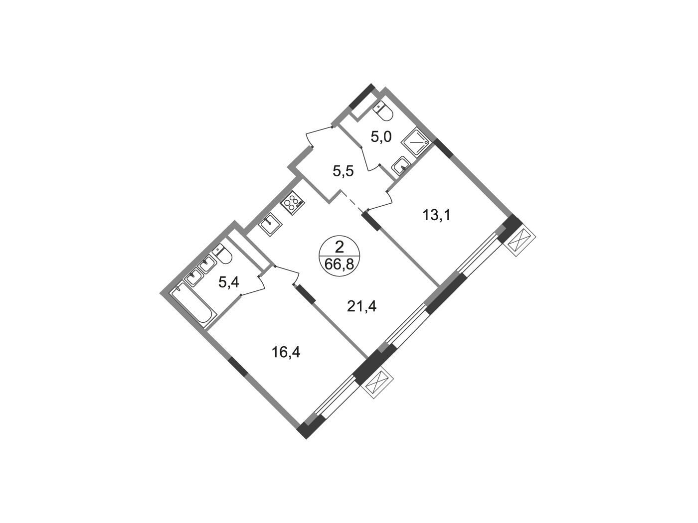 Планировка: 2-комн. квартира 66.80 м² в новостройке Резиденции Сколково