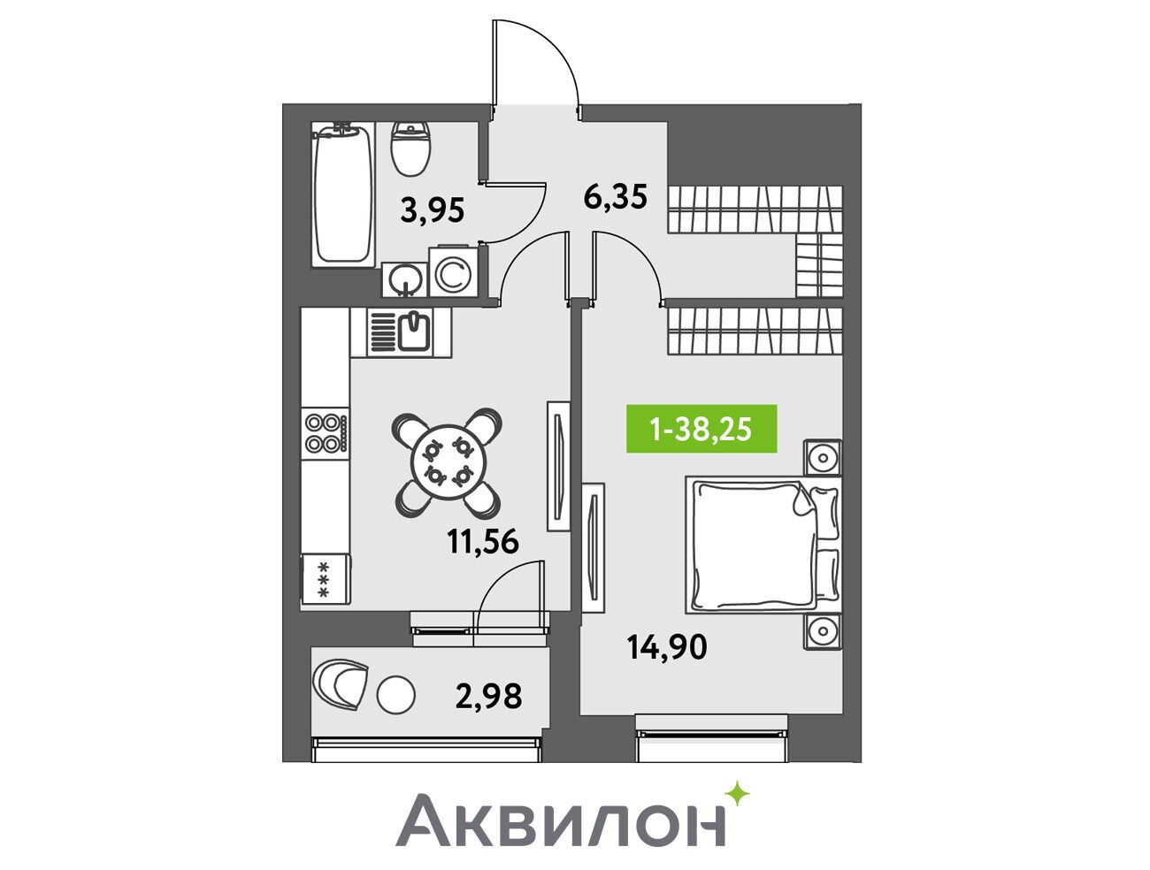 Планировка: 1-комн. квартира 39.10 м² в новостройке Аквилон Лив