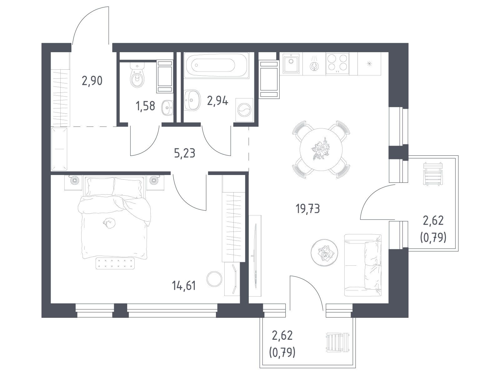 Планировка: 1-комн. квартира 48.57 м² в новостройке Новое Колпино
