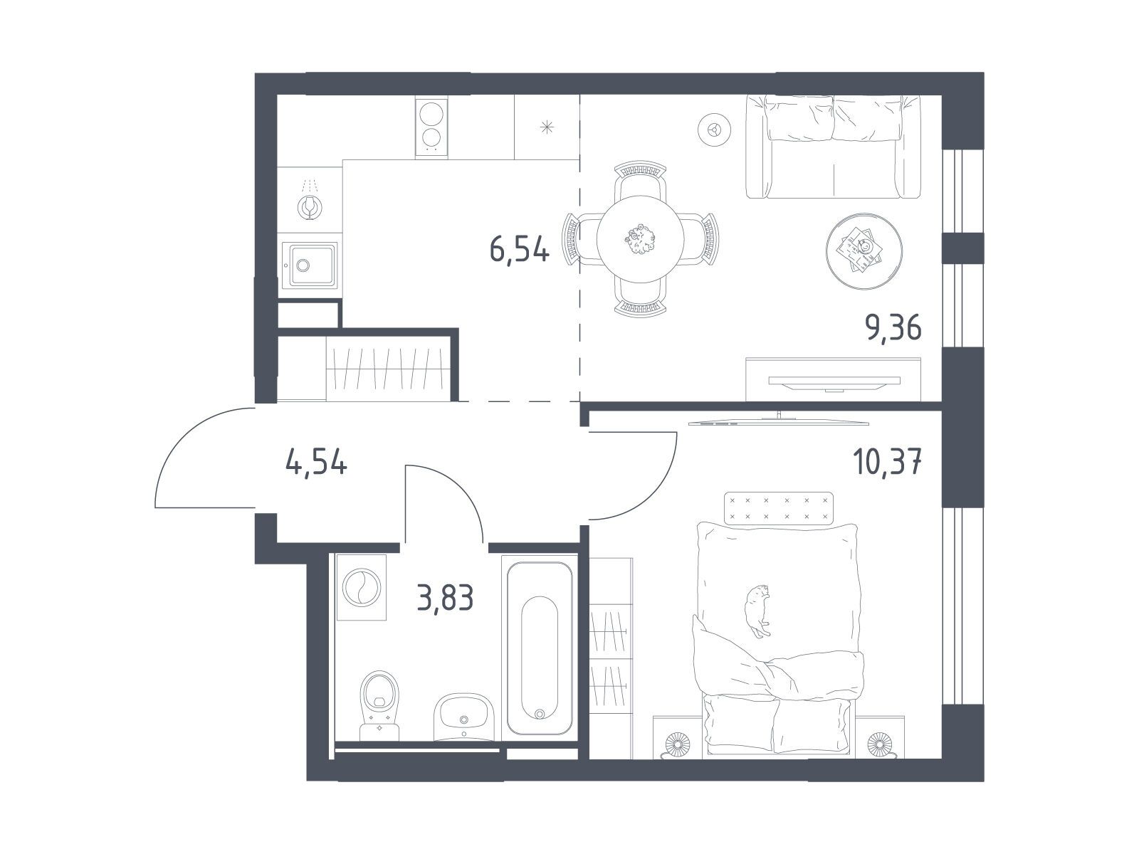 Планировка: 1-комн. квартира 34.64 м² в новостройке Остафьево