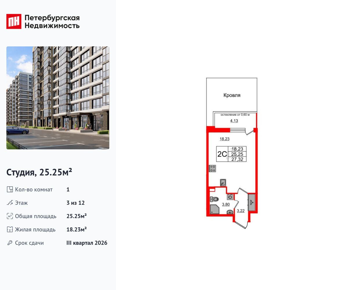 Планировка: Студия 25.25 м² в новостройке Титул в Московском