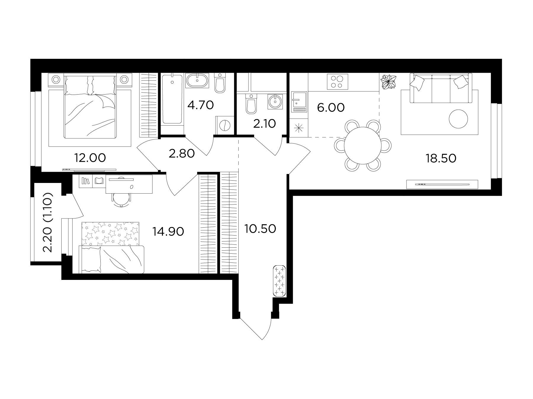 Планировка: 2-комн. квартира 72.60 м² в новостройке Филатов луг