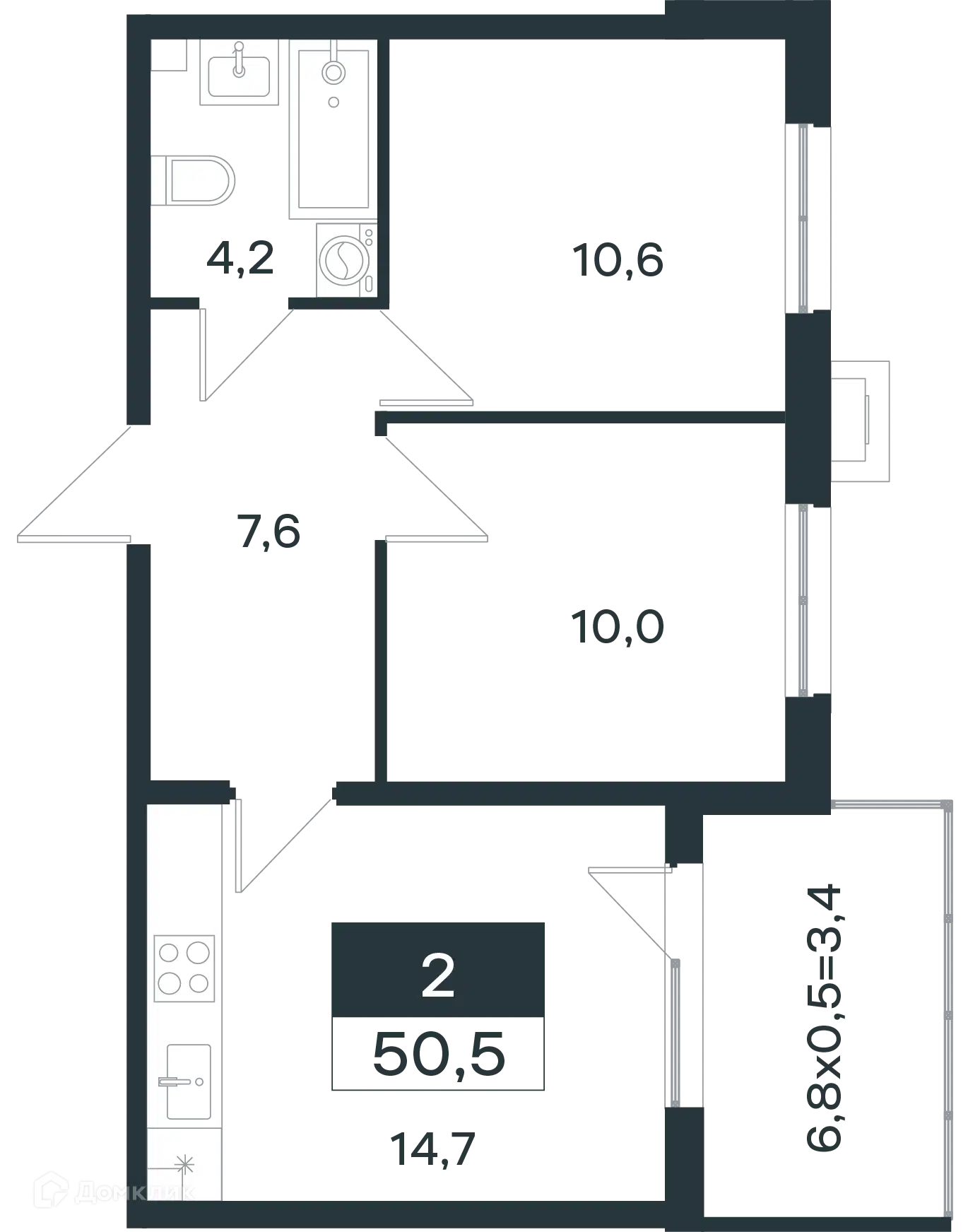 Планировка: 2-комн. квартира 50.80 м² в новостройке Новая Елизаветка