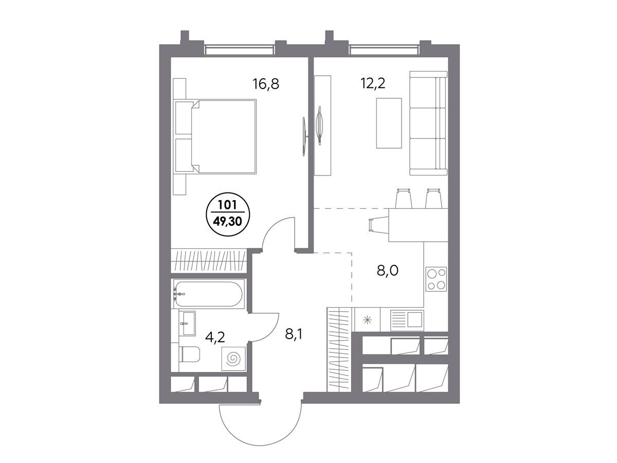 Планировка: 1-комн. квартира 49.30 м² в новостройке Дом 56