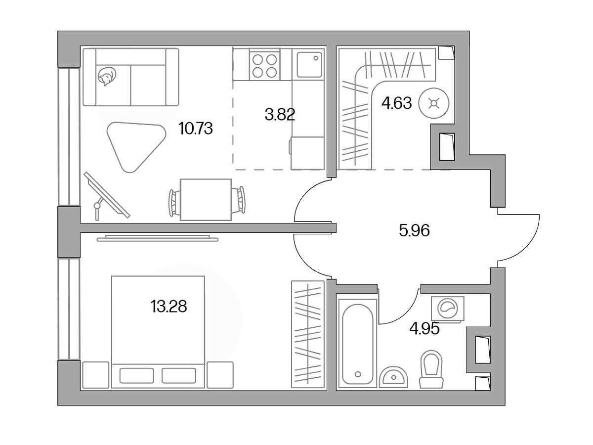 Планировка: 2-комн. квартира 43.37 м² в новостройке ЖК Тринити