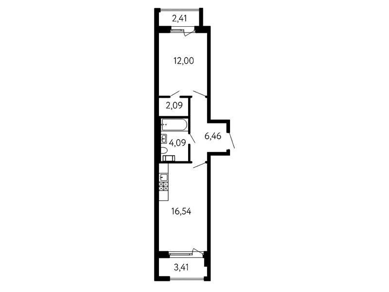 Планировка: 1-комн. квартира 44.10 м² в новостройке 17 линия